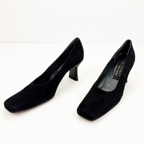 Vintage Stuart Weitzman Black Suede Leather Square Toe Wide Mid Heel Pump Sz 7 - Picture 2 of 15